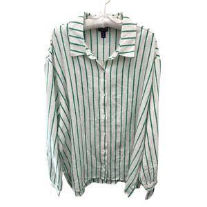 SCOOP | Green White Striped Button Down Blouse Linen Blend Top NWT | XXL 20